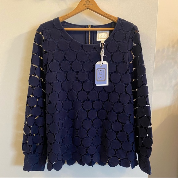 NWT STS Sail to Sable Navy Dot Lace Long Sleeve Top Medium - Picture 2 of 8